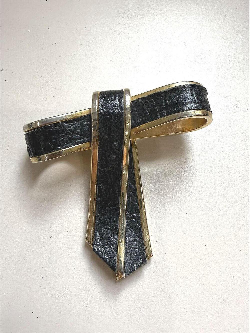 Vintage Black Leather and Gold Tone Bow Brooch Pin